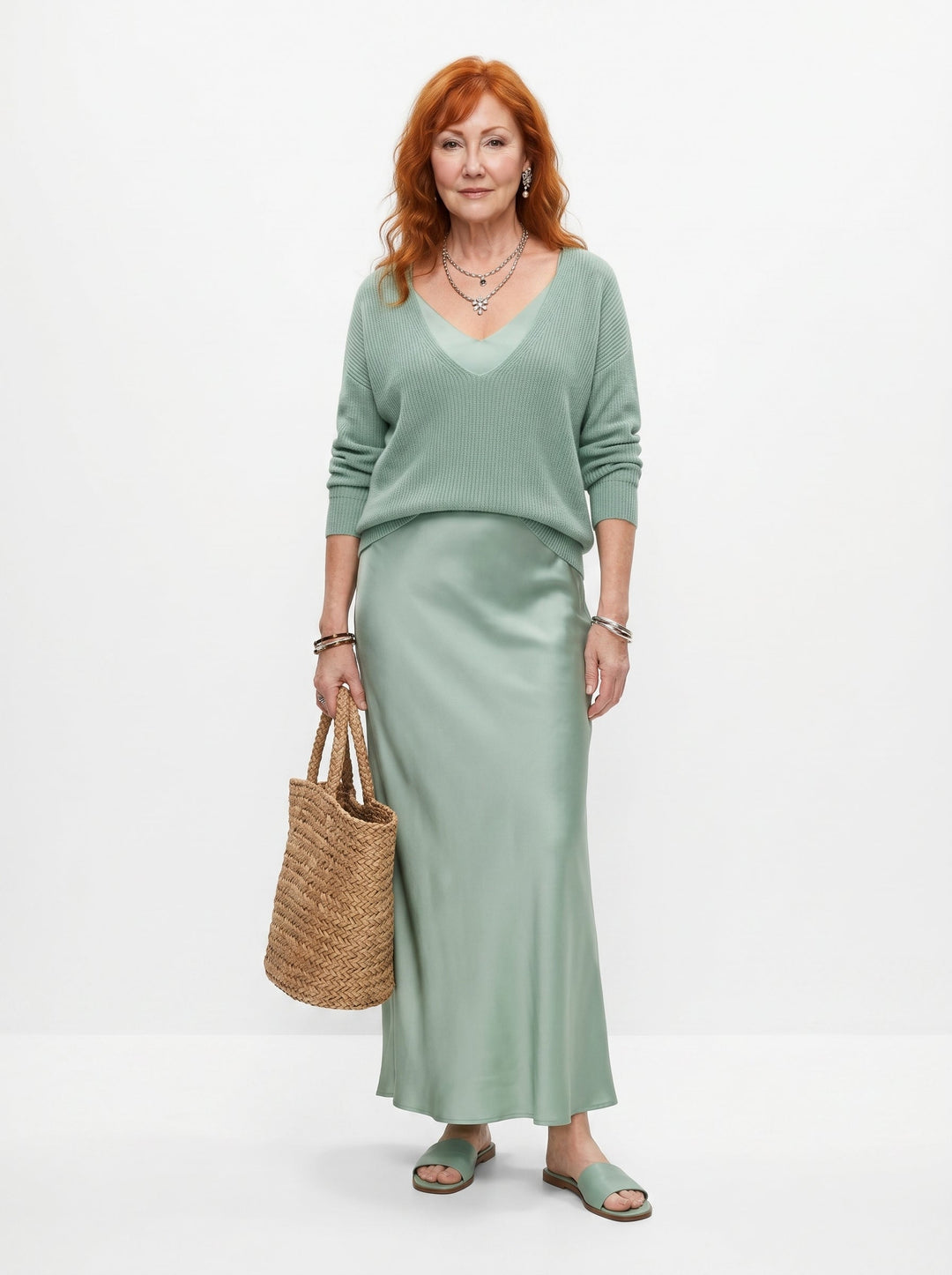 ELENA | SATIN MIDI DRESS & SOFT KNIT SWEATER SET