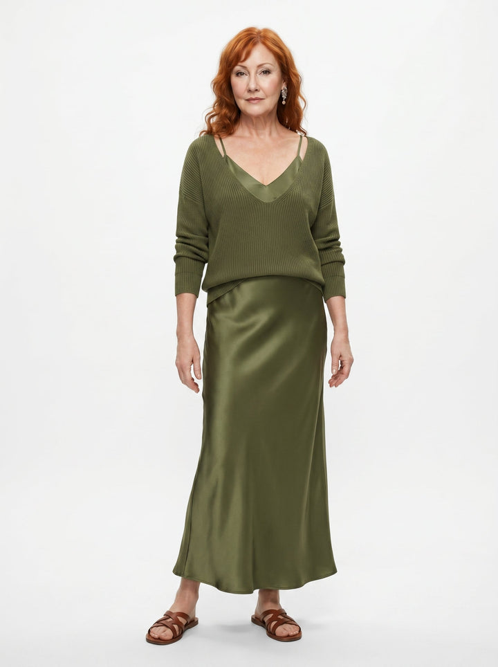 ELENA | SATIN MIDI DRESS & SOFT KNIT SWEATER SET