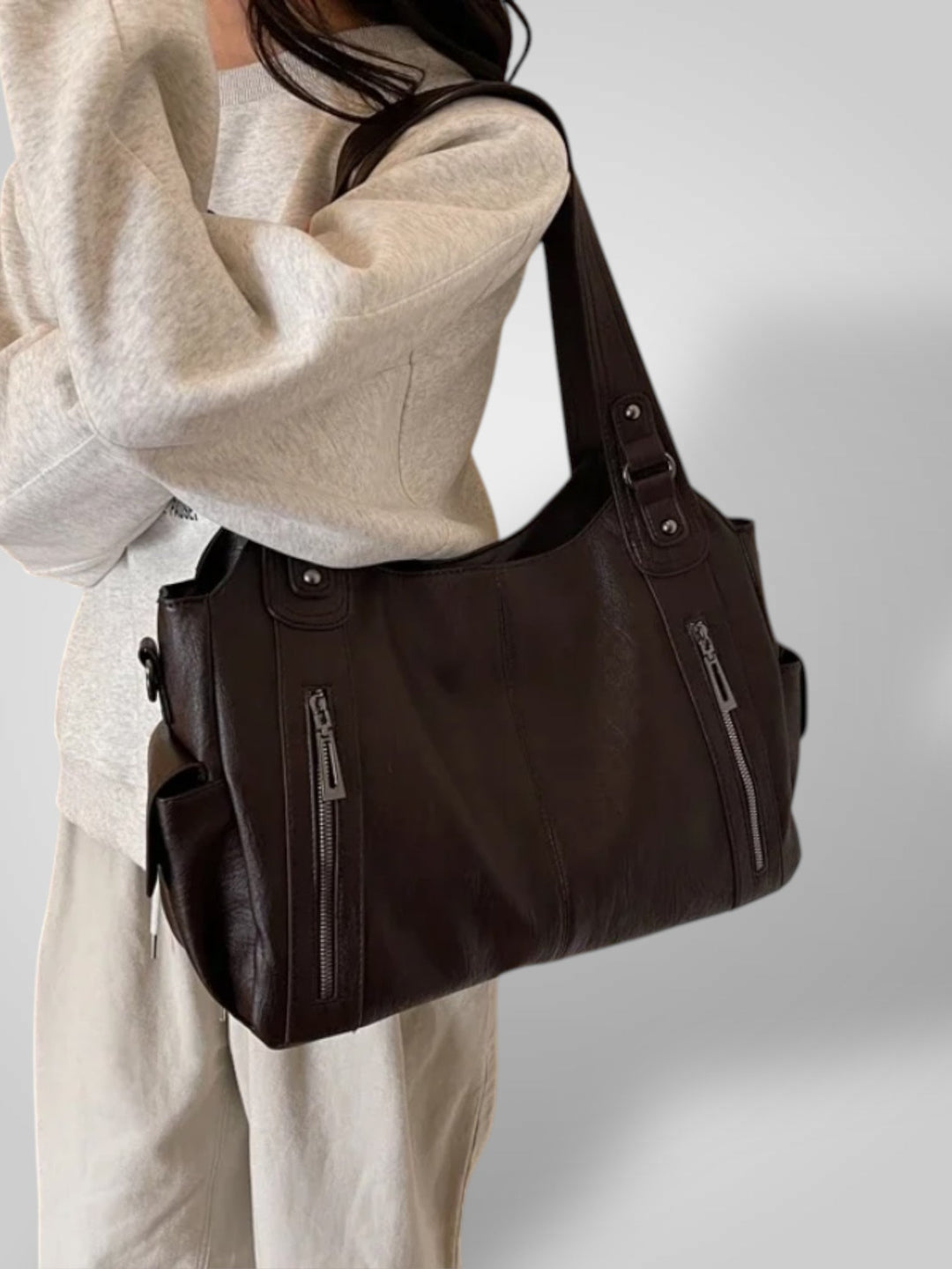 Faux Leather Shoulder Bag with Metal Accents