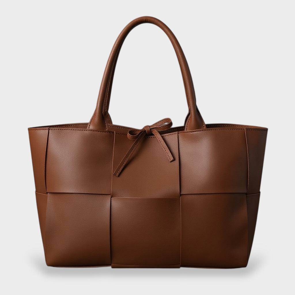 Panel-Stitched Faux Leather Tote with Bow Detail