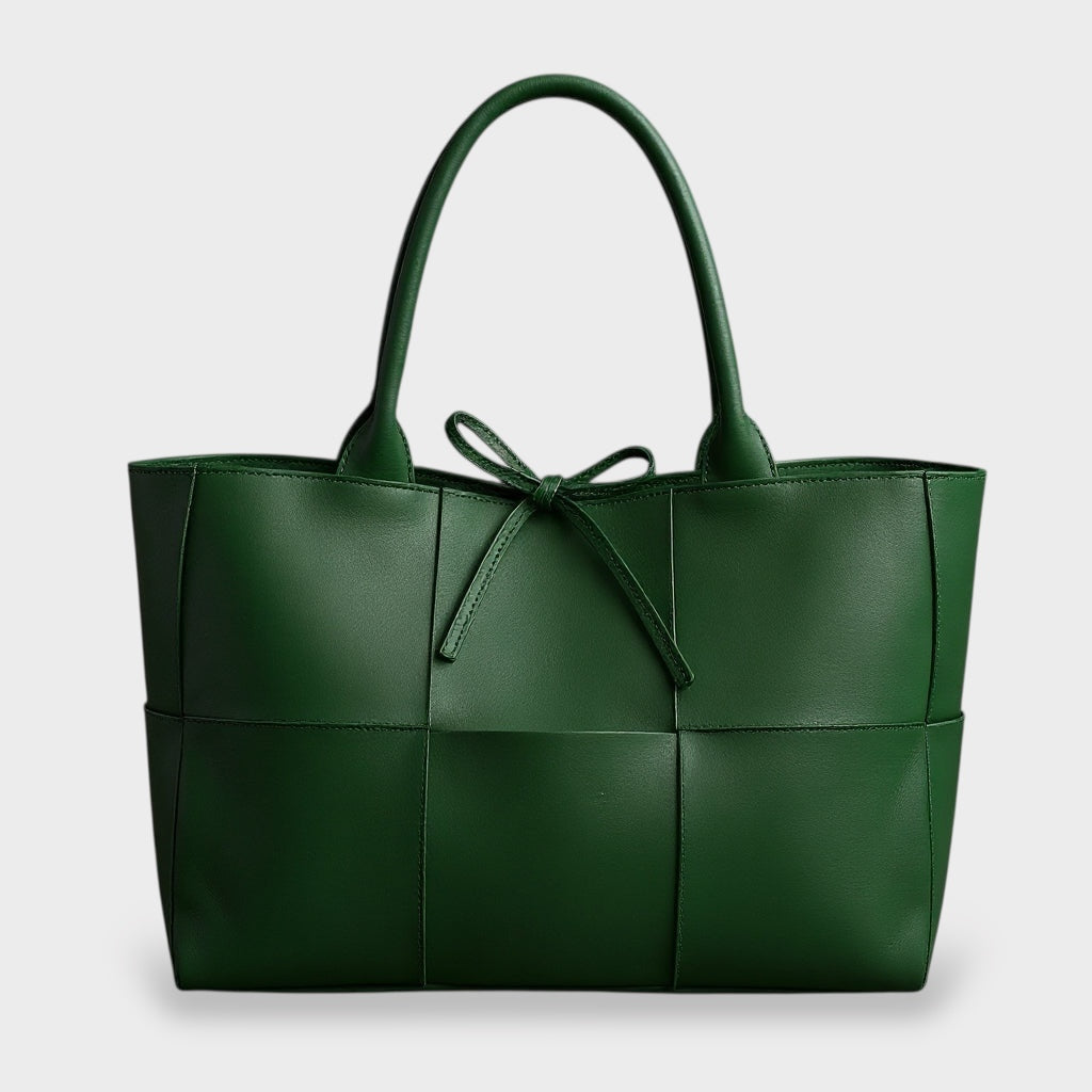 Panel-Stitched Faux Leather Tote with Bow Detail