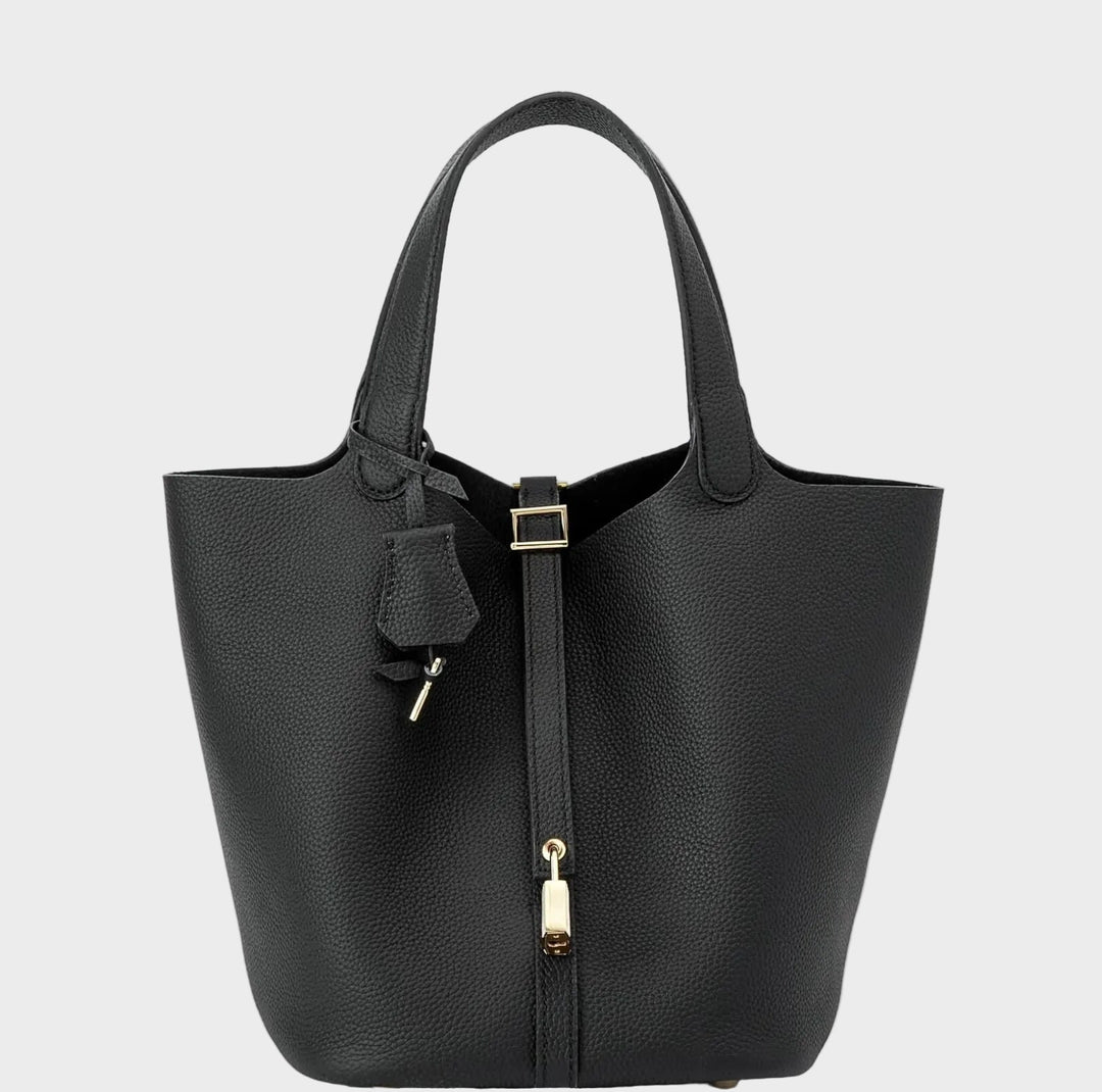 Pebbled Handbag with Lock Detail