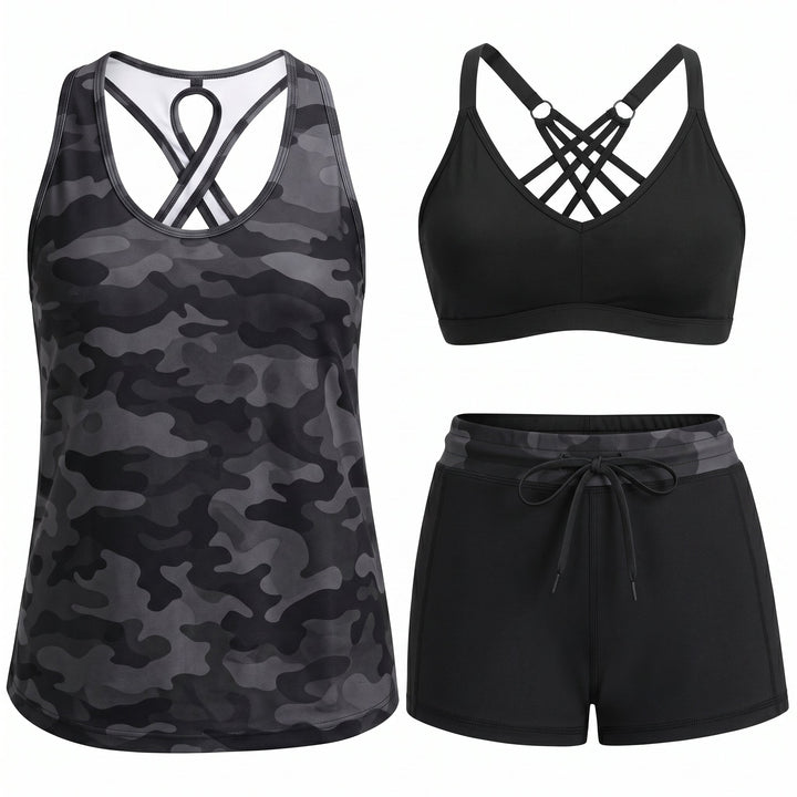 CRESSIDA | SPORTY THREE-PIECE TANKINI SET WITH POCKETS