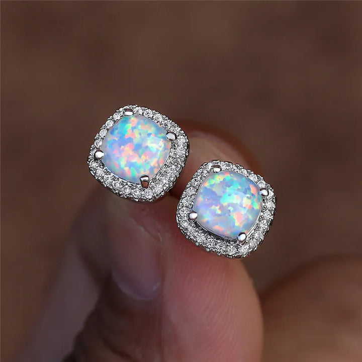 Elaine | Silver Earrings with Round White Fire Opal