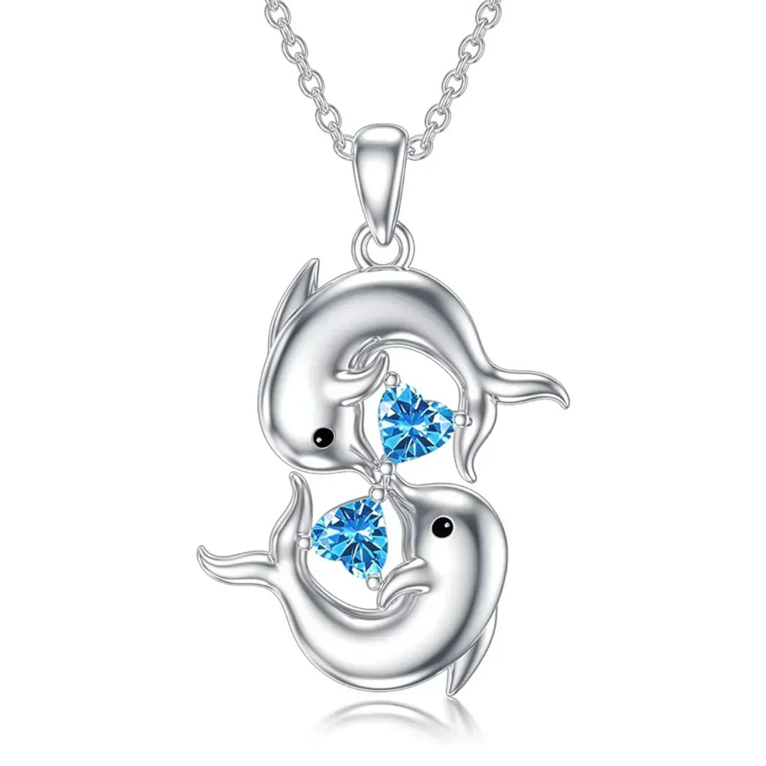 Nuala | Silver Double Dolphin Necklace with Blue Crystal