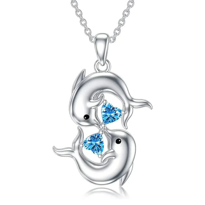Nuala | Silver Double Dolphin Necklace with Blue Crystal
