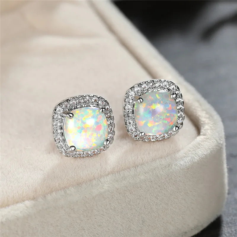 Elaine | Silver Earrings with Round White Fire Opal