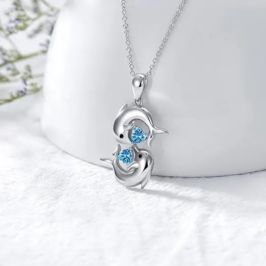 Nuala | Silver Double Dolphin Necklace with Blue Crystal
