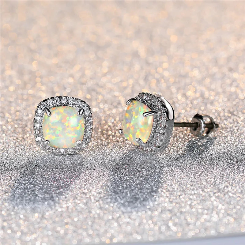 Elaine | Silver Earrings with Round White Fire Opal