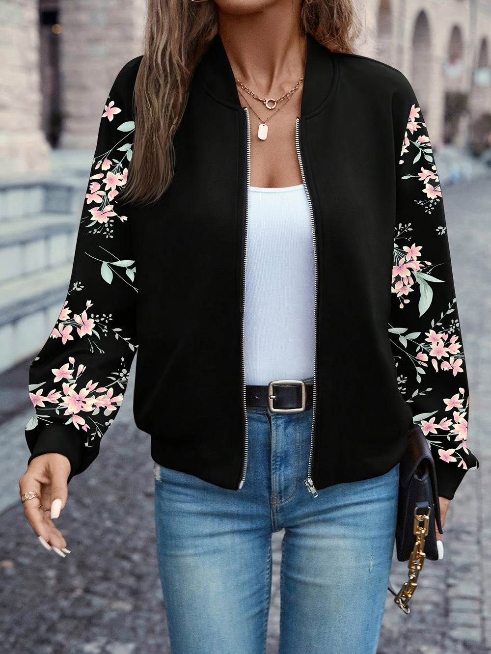 WINIFRED | FLORAL-SLEEVE BOMBER JACKET WITH ZIP FRONT