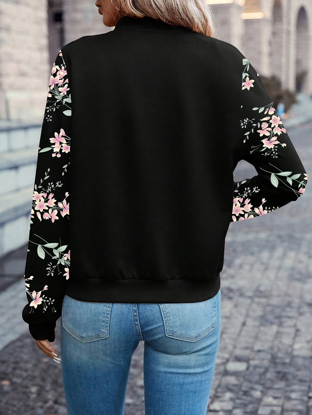 WINIFRED | FLORAL-SLEEVE BOMBER JACKET WITH ZIP FRONT