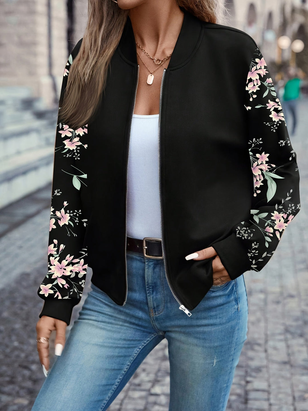 WINIFRED | FLORAL-SLEEVE BOMBER JACKET WITH ZIP FRONT