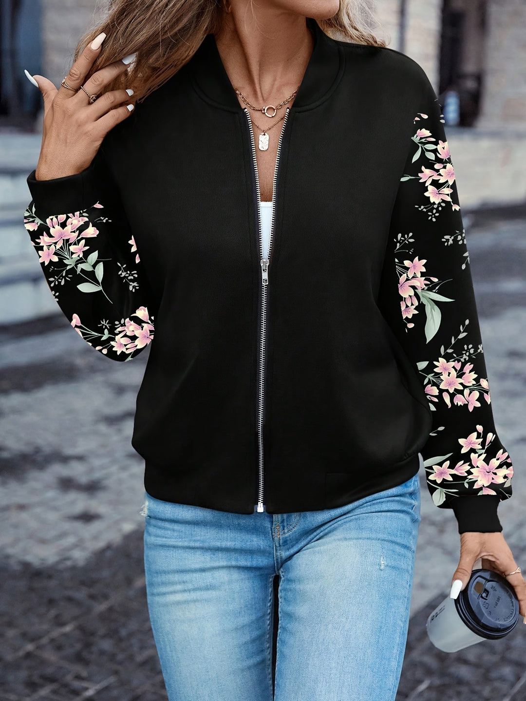 WINIFRED | FLORAL-SLEEVE BOMBER JACKET WITH ZIP FRONT