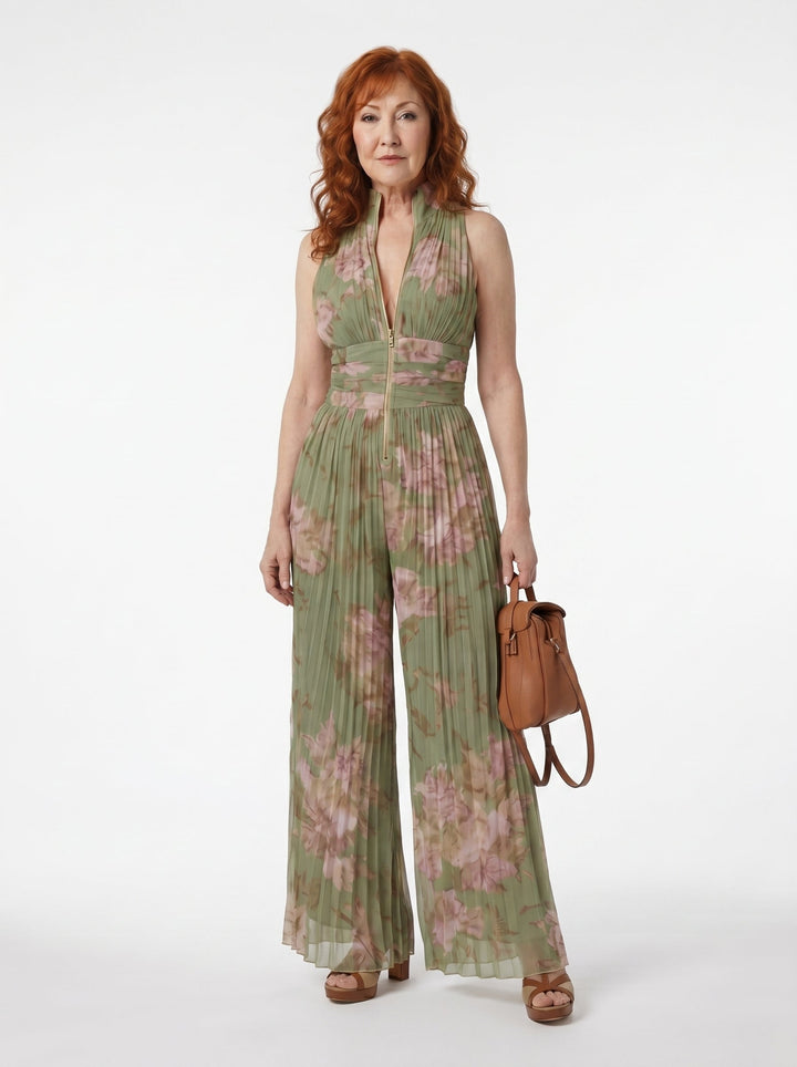 AOIBHEANN | PLEATED FLORAL CHIFFON JUMPSUIT