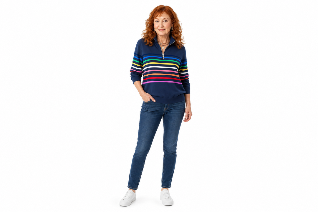 ELEANOR | STRIPED COTTON-BLEND ZIP-NECK JUMPER
