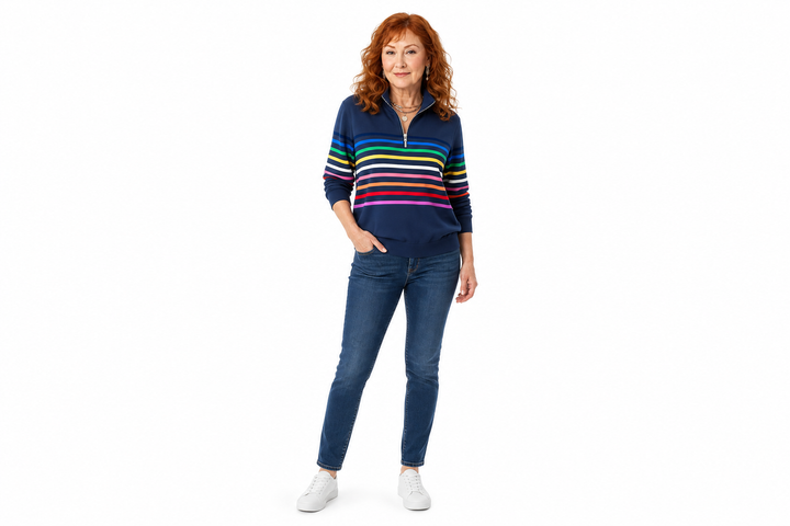 ELEANOR | STRIPED COTTON-BLEND ZIP-NECK JUMPER