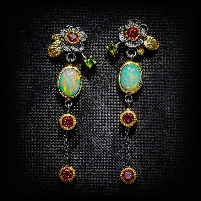Ramona | Bohemian Earrings with Opal and Red Zirconia