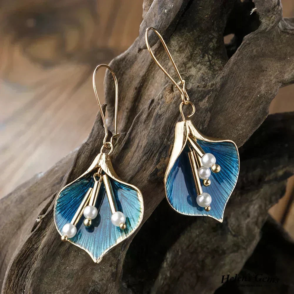 Rosemary | Gold and Blue Drop Earrings with Pearls